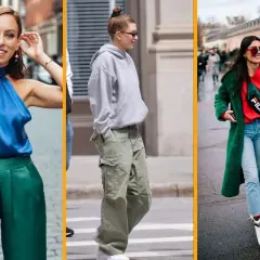 Tres mujeres lucen estilos urbanos. Una lleva un top azul y pantalones verdes, otra un conjunto gris y cargo, y la tercera un abrigo verde con rojo. Demuestran colores que combinan con el verde.