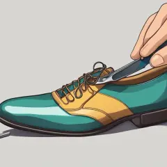 Herramienta para ensanchar zapatos de dos tonos, verde azulado y amarillo, con un zapato de vestir.