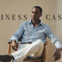 Hombre con camisa azul claro y pantalones blancos, luciendo un estilo business casual.