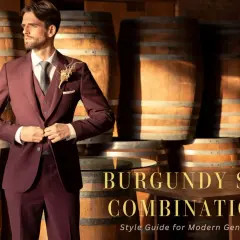 Hombre con traje burdeos, camisa blanca y corbata gris. Un estilo elegante para combinar color burdeos hombre.