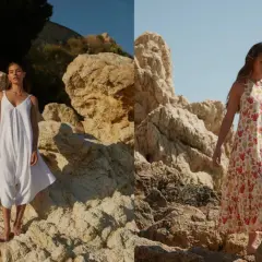 Mujer con vestido blanco y otro estampado de coral, sobre rocas. La tela viscosa que es, se ve ligera y fresca.