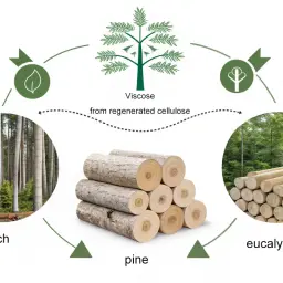 Proceso de fabricación de **viscosa** a partir de celulosa regenerada. Muestra bosques de haya, eucalipto y troncos de pino.