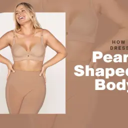 Mujer sonriente con **cuerpo pera** en lencería color piel. Texto: "How to dress a Pear-Shaped Body".