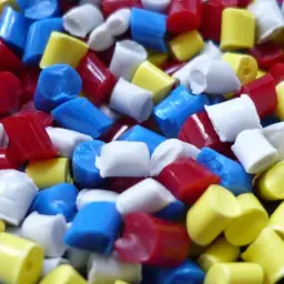 Gran cantidad de gránulos de poliamida de colores vibrantes: rojo, azul y amarillo.