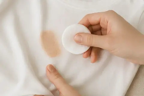 Mano limpiando una mancha de maquillaje de una camiseta blanca con un disco de algodón. Guía rápida para como quitar maquillaje de la ropa.