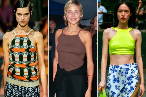 Tres mujeres lucen estilos de los años 90: un top de punto geométrico, un top marrón de tirantes finos y un top verde neón con falda estampada.