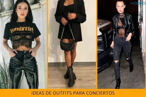 Tres ideas de outfit para concierto de noche mujer: look vinilo, vestido negro con blazer y jeans rotos con cuero.