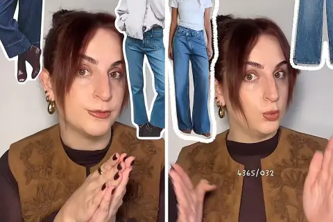 Mujer muestra diferentes estilos de los vaqueros de Zara que adelgazan, con cortes amplios y acampanados.