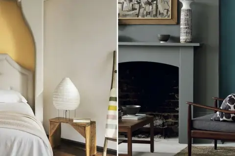 Dormitorio con cama y mesita, y salón con chimenea y sillón. El negro y gris combinan en la decoración, creando un ambiente moderno.