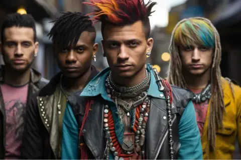 Cuatro jóvenes con peinados llamativos y ropa de estilo punk, incluyendo chaquetas de cuero y collares elaborados, posan juntos.