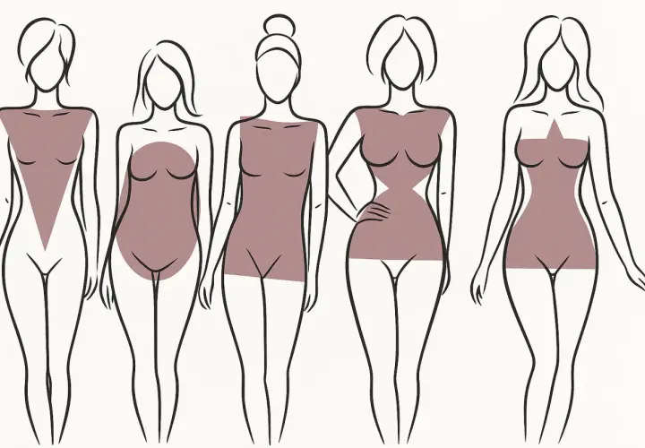 Siluetas femeninas con formas de cuerpo: triángulo invertido, óvalo, rectángulo, reloj de arena y estrella.