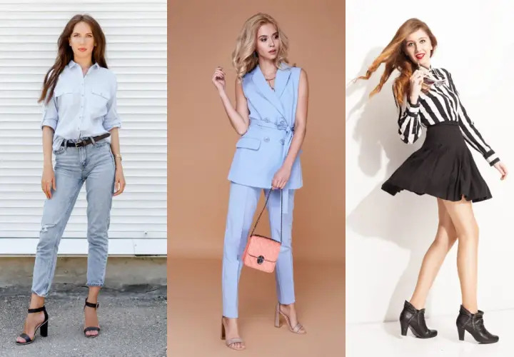 Tres looks que demuestran qué ropa favorece a las bajitas: jeans, traje sastre y falda con blusa.
