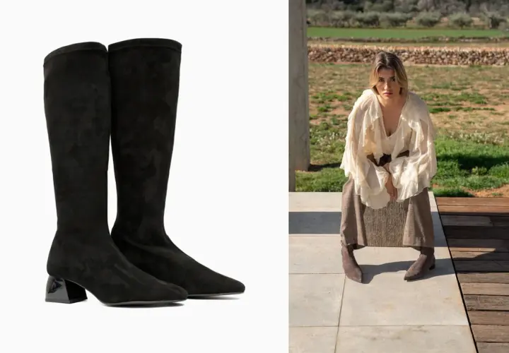 Botas altas negras de ante con tacón geométrico, perfectas para estilizar las piernas.