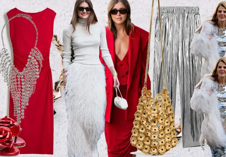 Ideas para como vestir en Noche Vieja: vestidos rojos, faldas de plumas, pantalones plateados y accesorios brillantes.