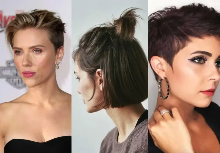 Tres estilos de peinados pelo corto: pixie, moño alto y bob.