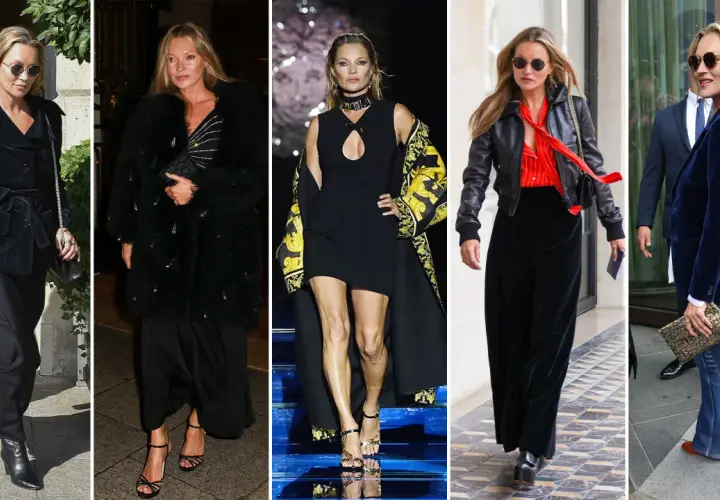 Kate Moss luce varios looks icónicos: elegante con terciopelo negro, glamurosa con abrigo de pelo, audaz en pasarela y chic con chaqueta de cuero y terciopelo azul.