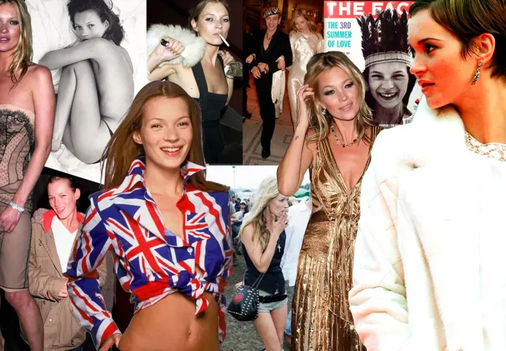Collage de fotos de Kate Moss joven en diferentes atuendos, incluyendo un vestido dorado y una camisa con la Union Jack.
