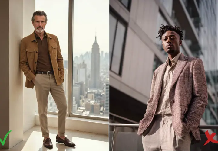 Hombre con un impecable outfit smart casual, chaqueta color camel, polo marrón y pantalones beige.