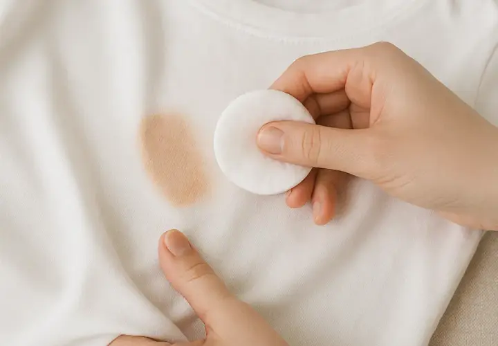 Mano aplicando disco de algodón sobre mancha de maquillaje en camiseta blanca. Aprende como quitar manchas de maquillaje de la ropa.