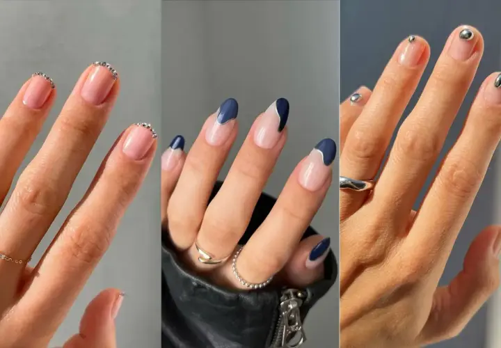 Tres manicuras elegantes: uñas francesas con pedrería, diseño abstracto azul marino y plateado, y uñas minimalistas con detalles metálicos. ¡Ideas de diseño de uñas bonitas!