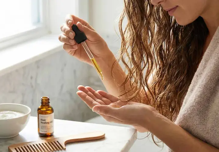 Rutina para saber como hidratar el pelo: aplica aceite sellador en tu mano.