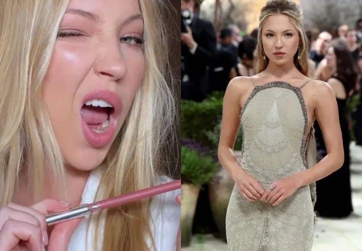 Lila Moss, con labios rosados y un guiño, aplica delineador. En otra imagen, luce un vestido de gala adornado.