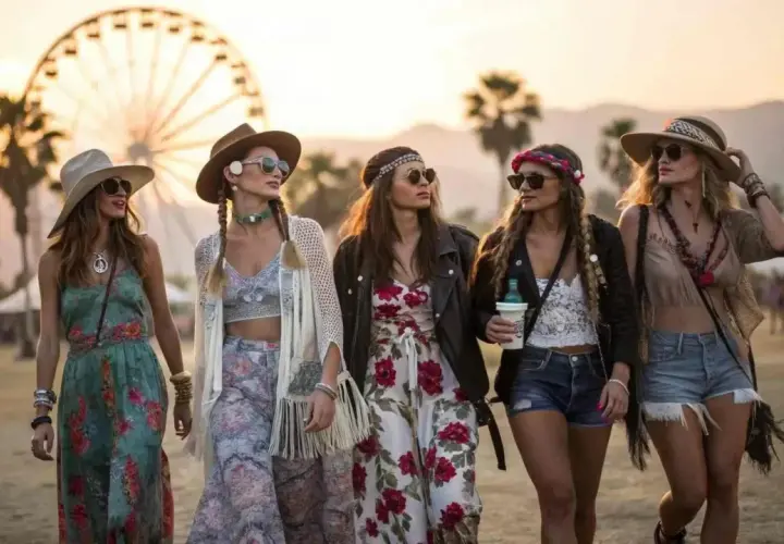 Cinco amigas pasean con un estilo boho, luciendo vestidos florales, sombreros y accesorios playeros.