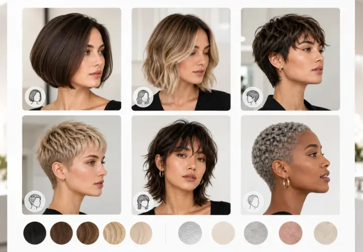 Seis estilos de corte de pelo corto mujer: bob oscuro, rubio ondulado, pixie texturizado, mullet moderno, rubio platino y rizado plateado.