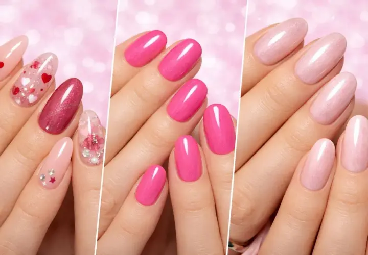Uñas San Valentín 2026: diseños románticos con corazones, brillos y flores en tonos rosa y rojo.