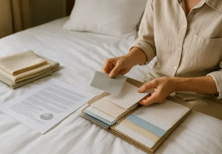 Manos revisan muestras de tela, incluyendo opciones de poliéster reciclado, junto a documentos y textiles doblados sobre una cama.