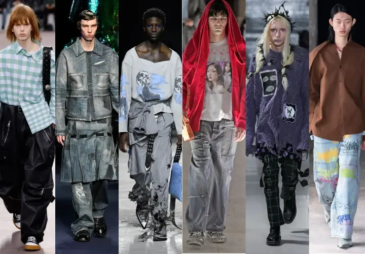 Modelos lucen atuendos con estética **grunge**: pantalones anchos, chaquetas vaqueras, prendas rasgadas y estampados llamativos.