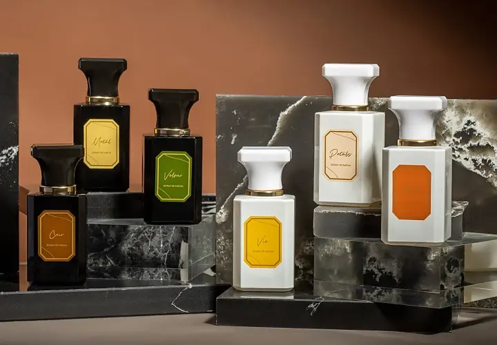 Elegantes frascos de perfume, algunos negros y otros blancos, con etiquetas doradas. Podrían ser la mejor colonia Mercadona hombre.