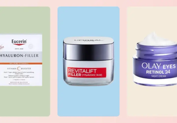 Las mejores cremas antiedad para 60 años: Eucerin Hyaluron-Filler, L'Oréal Revitalift Filler y Olay Eyes Retinol 24.