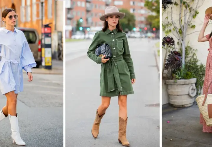 Tres mujeres muestran cómo combinar vestido camisero largo: con botas blancas, botas de vaquero o sombrero y cesta.