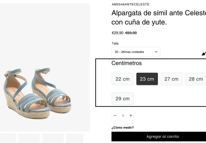 Alpargatas azules con cuña de yute. Se muestra cómo se mide el tacon de un zapato en centímetros, con opciones de 22, 23, 27, 28 y 29 cm.