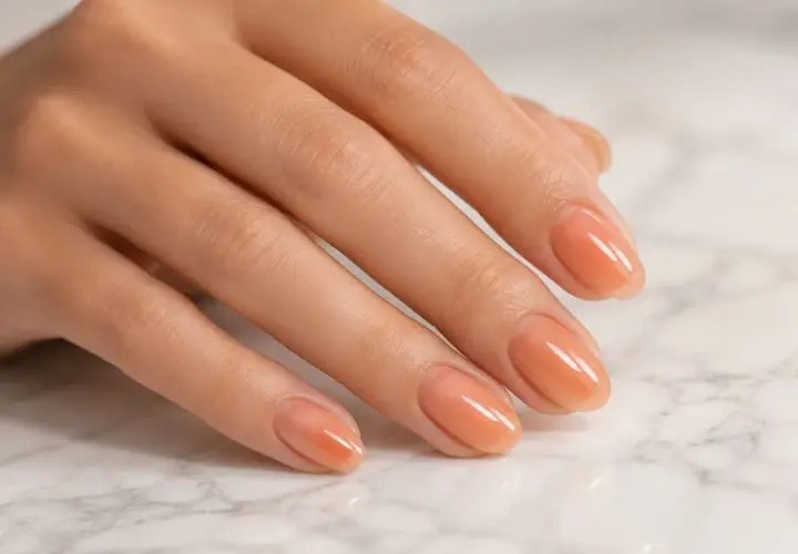 Manos con uñas color melocotón, perfectas para el verano.