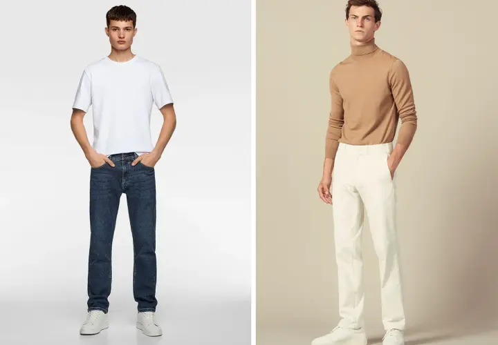Dos hombres modelan ropa. El de la izquierda lleva vaqueros de corte recto (straight fit significado) y camiseta blanca. El de la derecha, pantalones blancos y jersey de cuello alto.