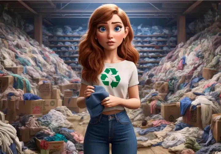 Chica con camiseta de reciclaje rodeada de montañas de ropa, un reflejo del impacto del fast fashion.