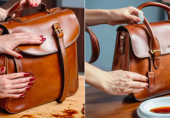 Manos limpiando un bolso de cuero marrón con un paño. Aprende como limpiar cuero marrón para mantenerlo como nuevo.
