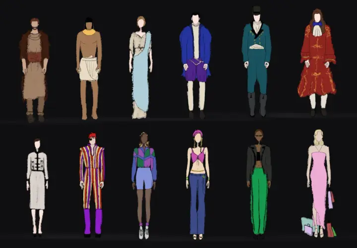 Un viaje visual por la historia de la moda: desde atuendos antiguos hasta estilos modernos, cada figura representa una época.