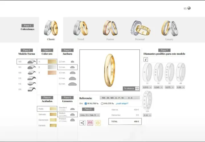 Configurador de tipos de alianzas de boda: elige modelo, oro, anchura, acabado, grosor y diamantes para tu alianza.