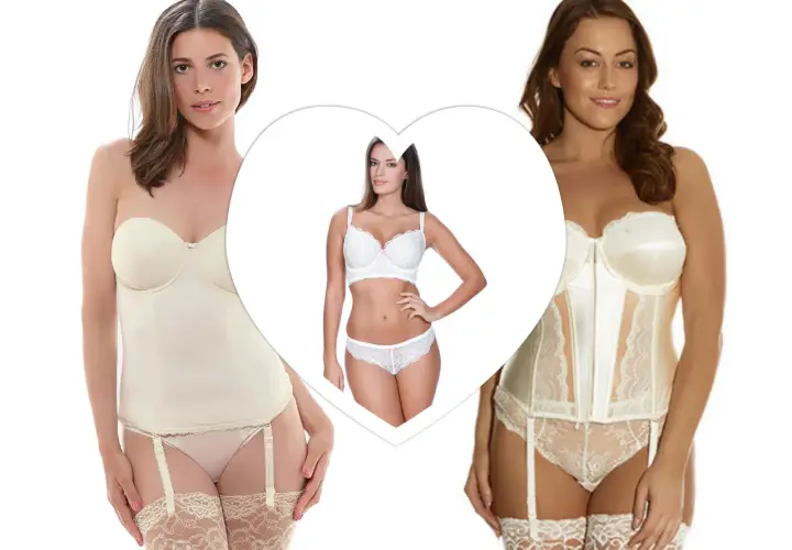Tres mujeres en lencería, dos corsés y un conjunto de sujetador y braguita, perfectos para las picardías de novia.