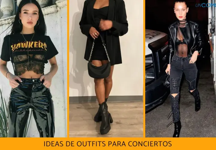 Tres ideas de outfit para concierto de noche mujer: look vinilo, vestido negro con blazer y jeans rotos con cuero.