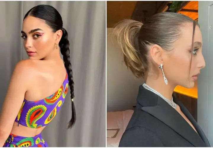 Dos mujeres con peinados recogidos. Una luce un top morado con estampado paisley y una trenza larga. La otra, de perfil, lleva un blazer negro y joyas brillantes. A pesar de los peinados, se percibe un ligero brillo que sugiere pelo graso.