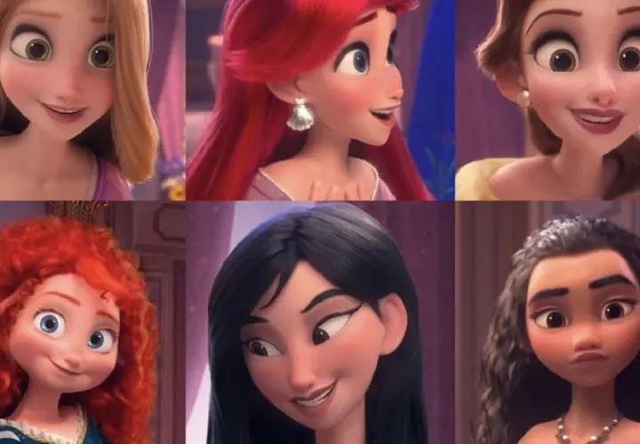 Seis princesas Disney modernas: Rapunzel, Ariel, Bella, Mérida, Mulán y Moana, cada una con su estilo único.