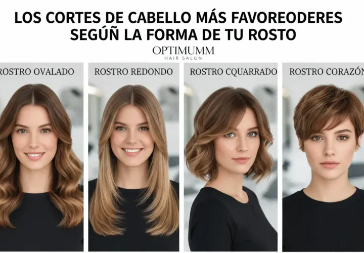 Cuatro mujeres muestran cortes de pelo ideales para diferentes formas de rostro: ovalado, redondo, cuadrado y corazón.