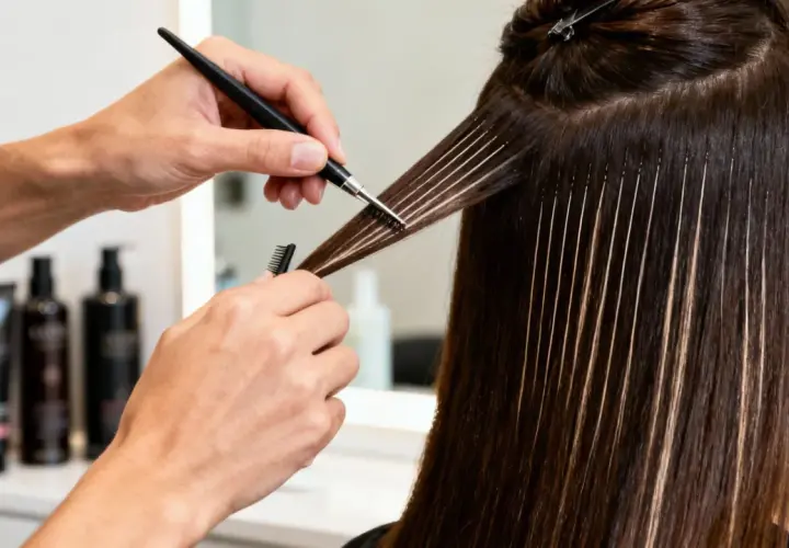 Manos expertas aplican mechas babylight con precisión, creando un efecto natural y luminoso en el cabello castaño.