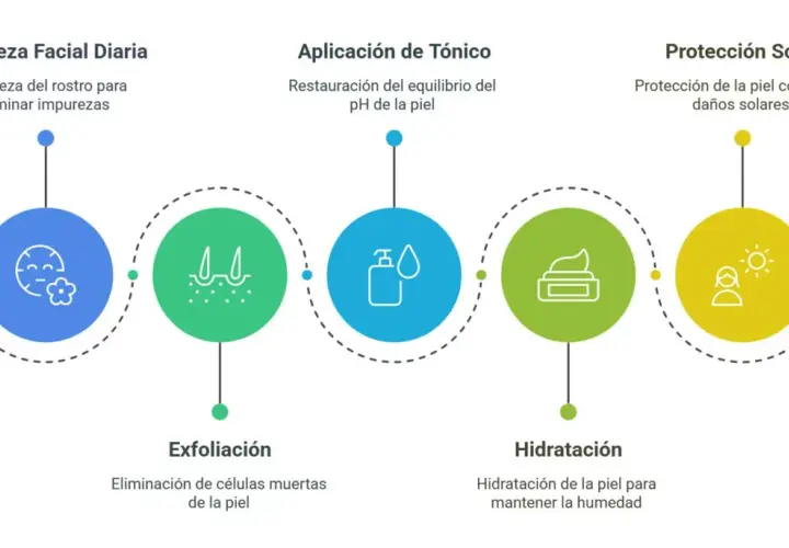 Rutina de limpieza facial: limpieza diaria, exfoliación, tónico, hidratación y protección solar para una piel radiante.