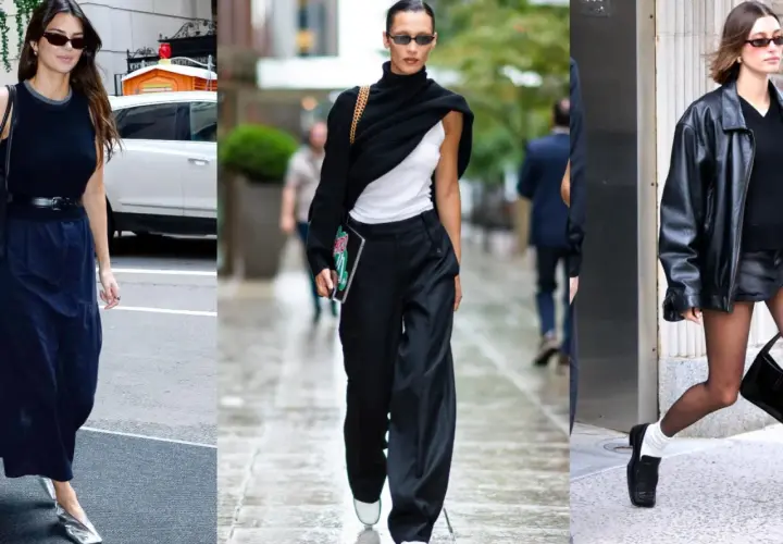 Tres mujeres con looks para hacer turismo urbano: Kendall Jenner con falda larga, Bella Hadid con pantalones anchos y Hailey Bieber con falda corta y chaqueta de cuero.