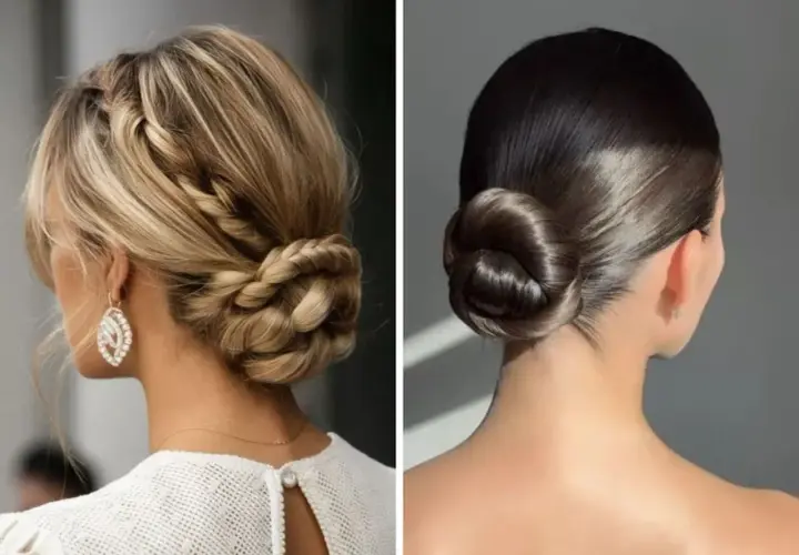 Dos recogidos elegantes, uno trenzado y otro liso, perfectos para una invitada de boda.